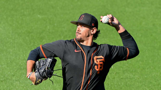 Feb 16, 2023; Scottsdale, AZ, USA; San Francisco Giants pitcher Ronald Guzman (29) throws during a Spring Training workout at Scottsdale Stadium. Mandatory Credit: Matt Kartozian-USA TODAY Sports